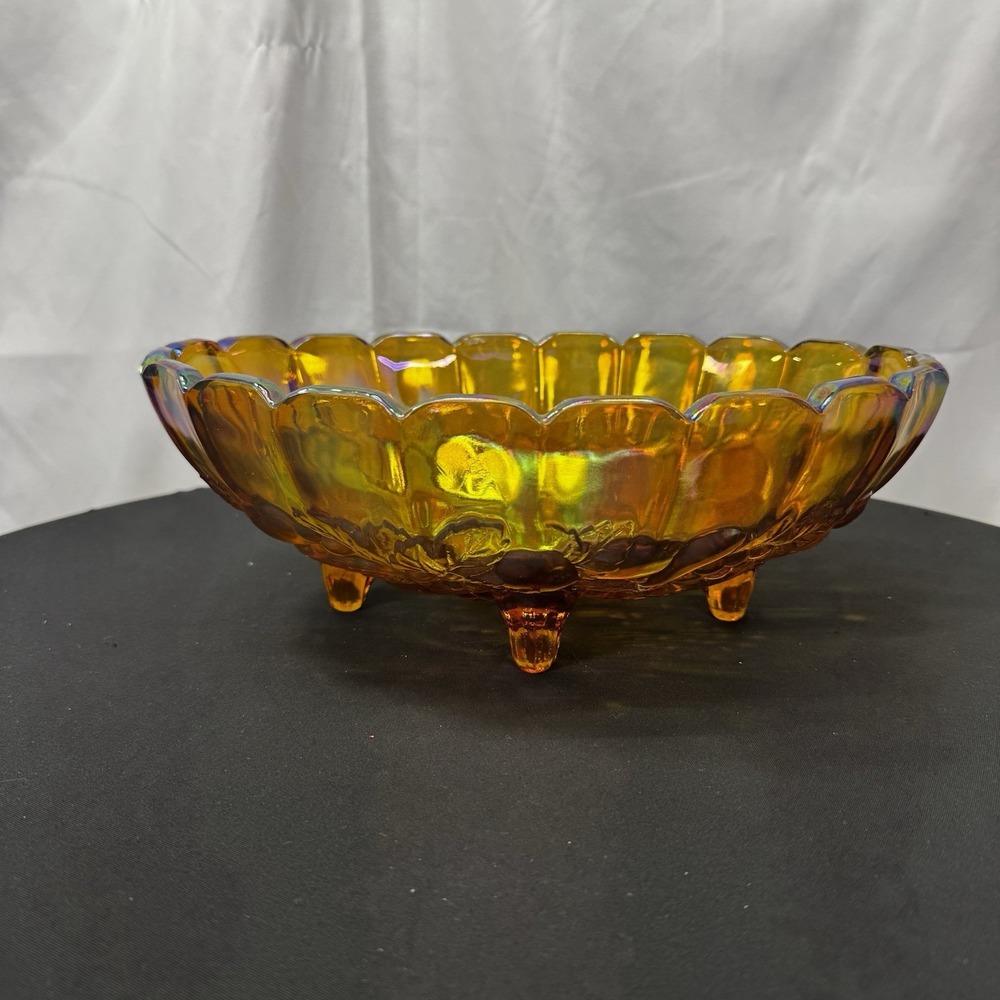 Carnival‎ Glass Footed Oval Bowl Gold Yellow Iridescent Fruit Candy Centerpiece